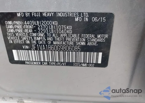 2016 Subaru Wrx z USA, uszkodzony, nr VIN JF1VA1B60G9806085